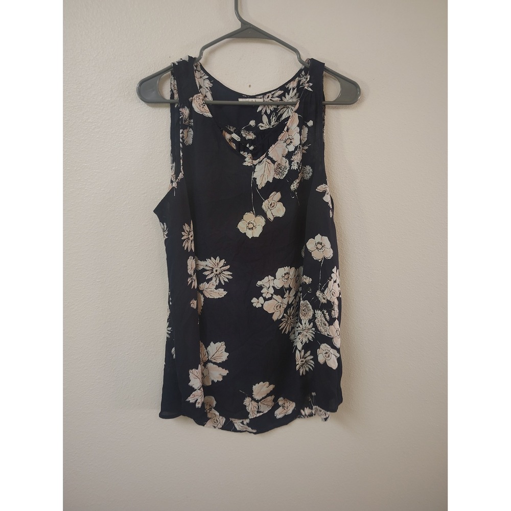 Maurices Womens Floral Sleeveless V-Neck Blouse Navy Blue Cream Shell Top Size 0
